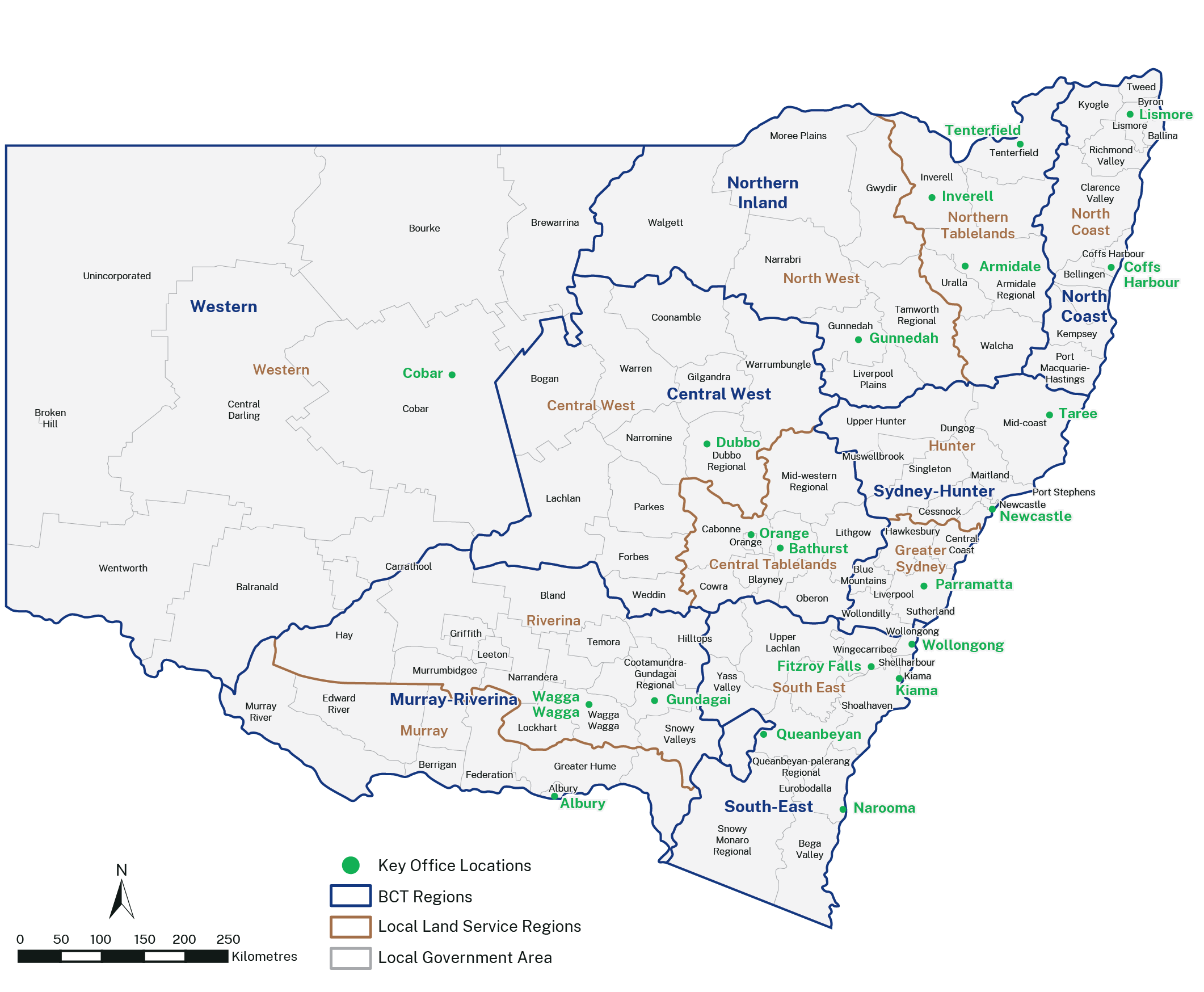 Map of NSW showing regional boundaries of the NSW Biodiversity Conservation Trust