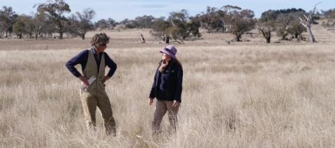 A landholder stands in a grassy paddock with a uniformed NSW Biodiversity Conservation Trust staff member